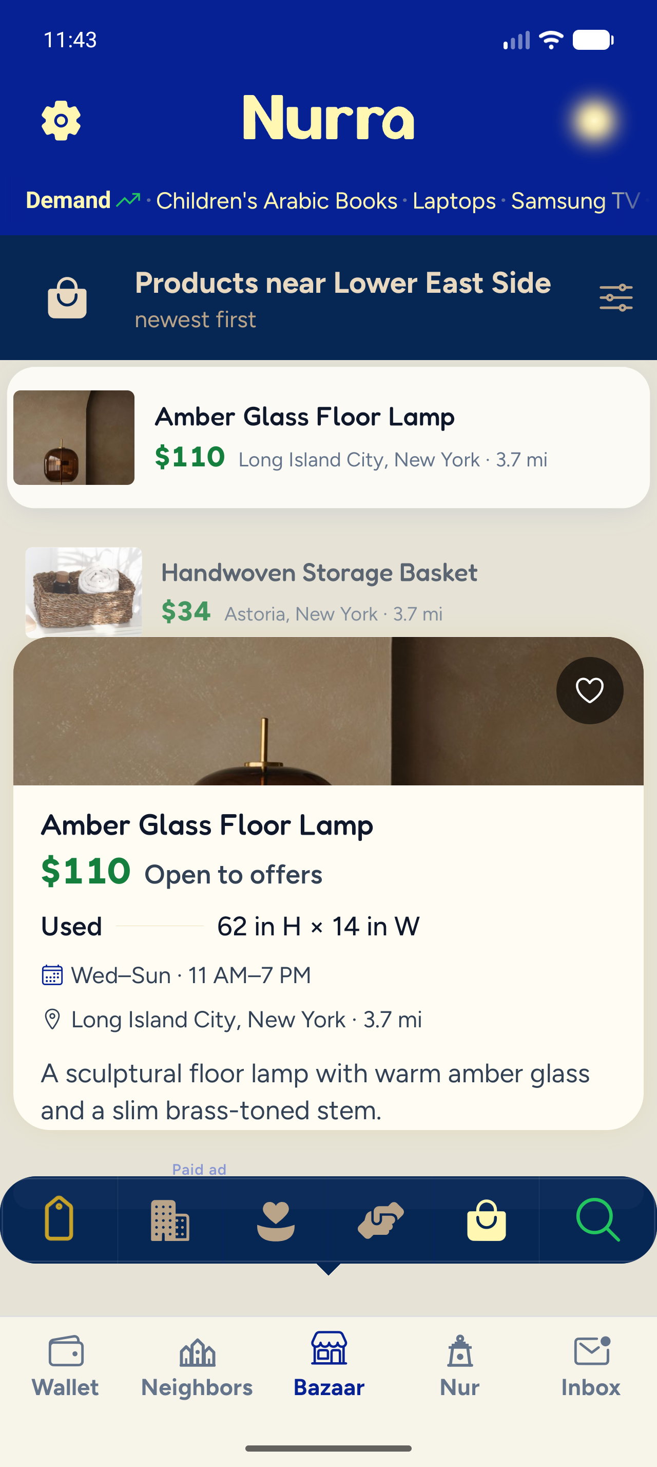 Nurra Bazaar showing nearby listings and one expanded product card