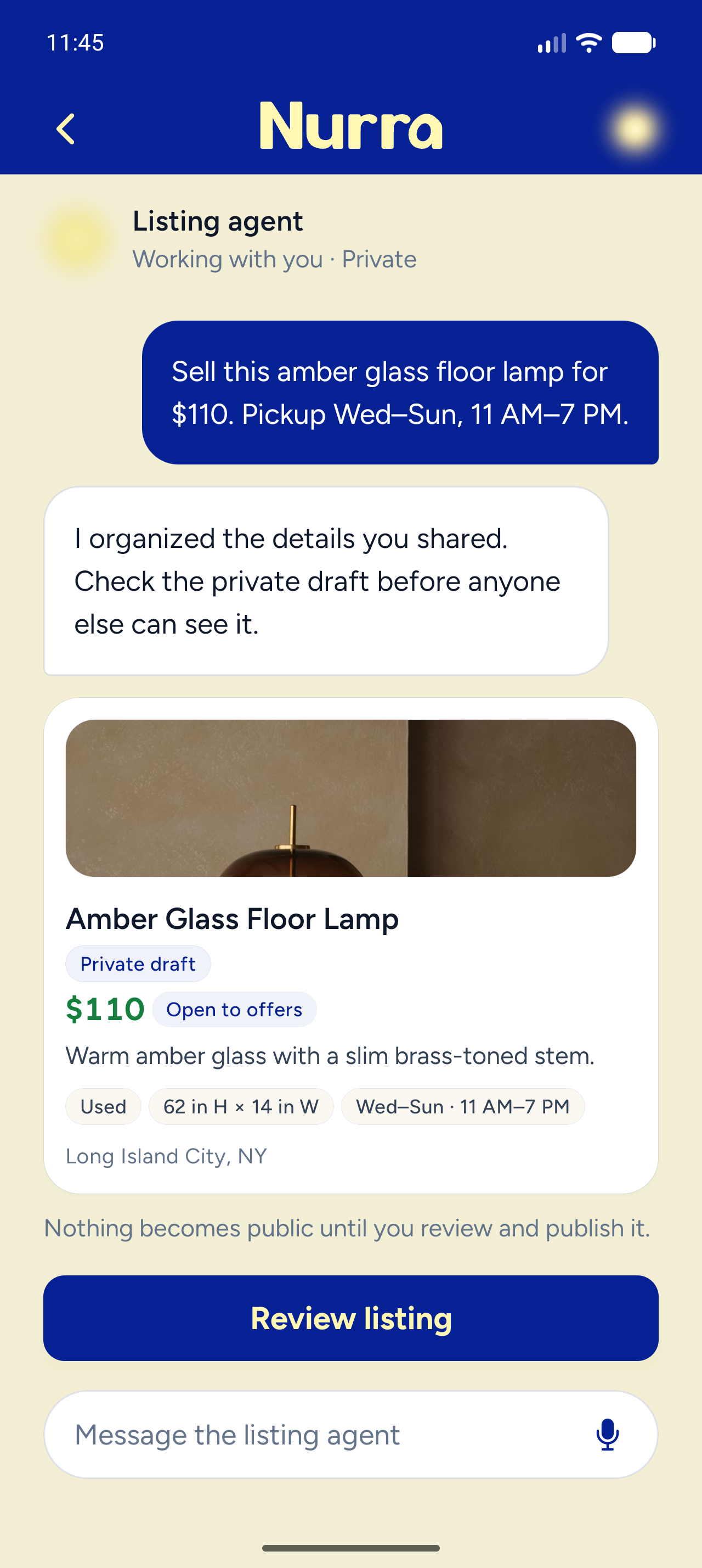 Nurra listing agent conversation leading to a private listing review in the app