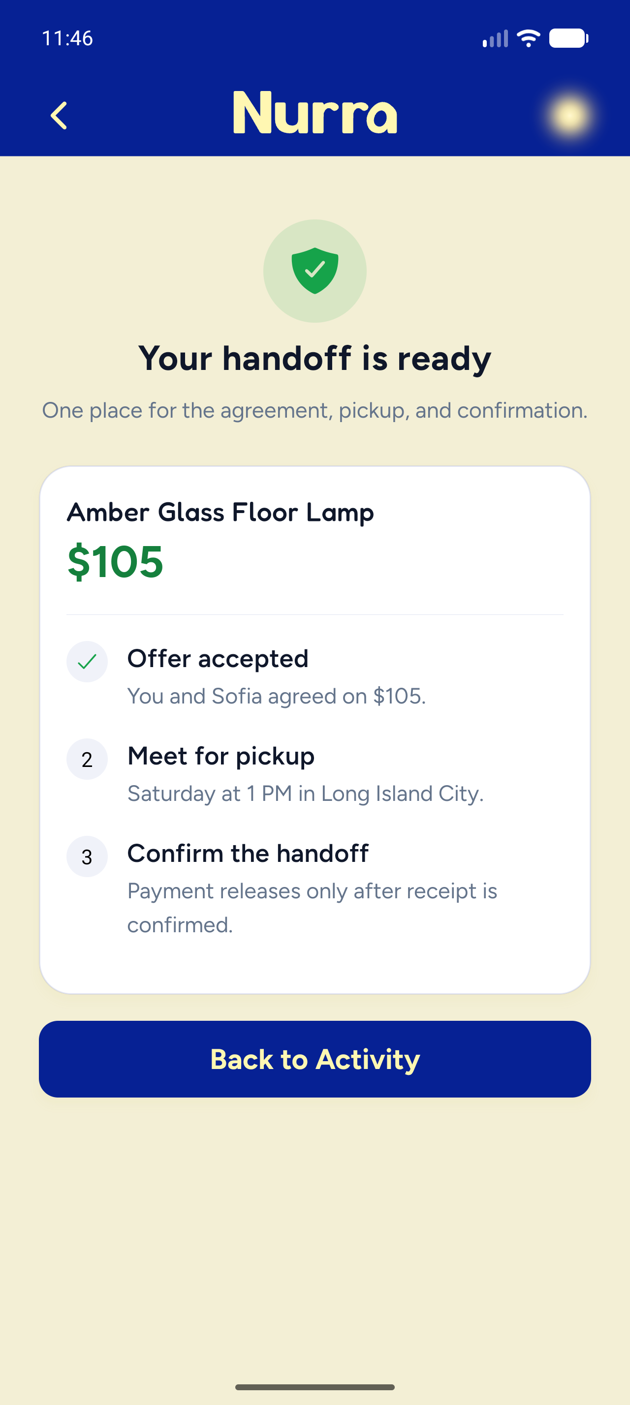 Nurra protected handoff preview showing the steps of a local transaction